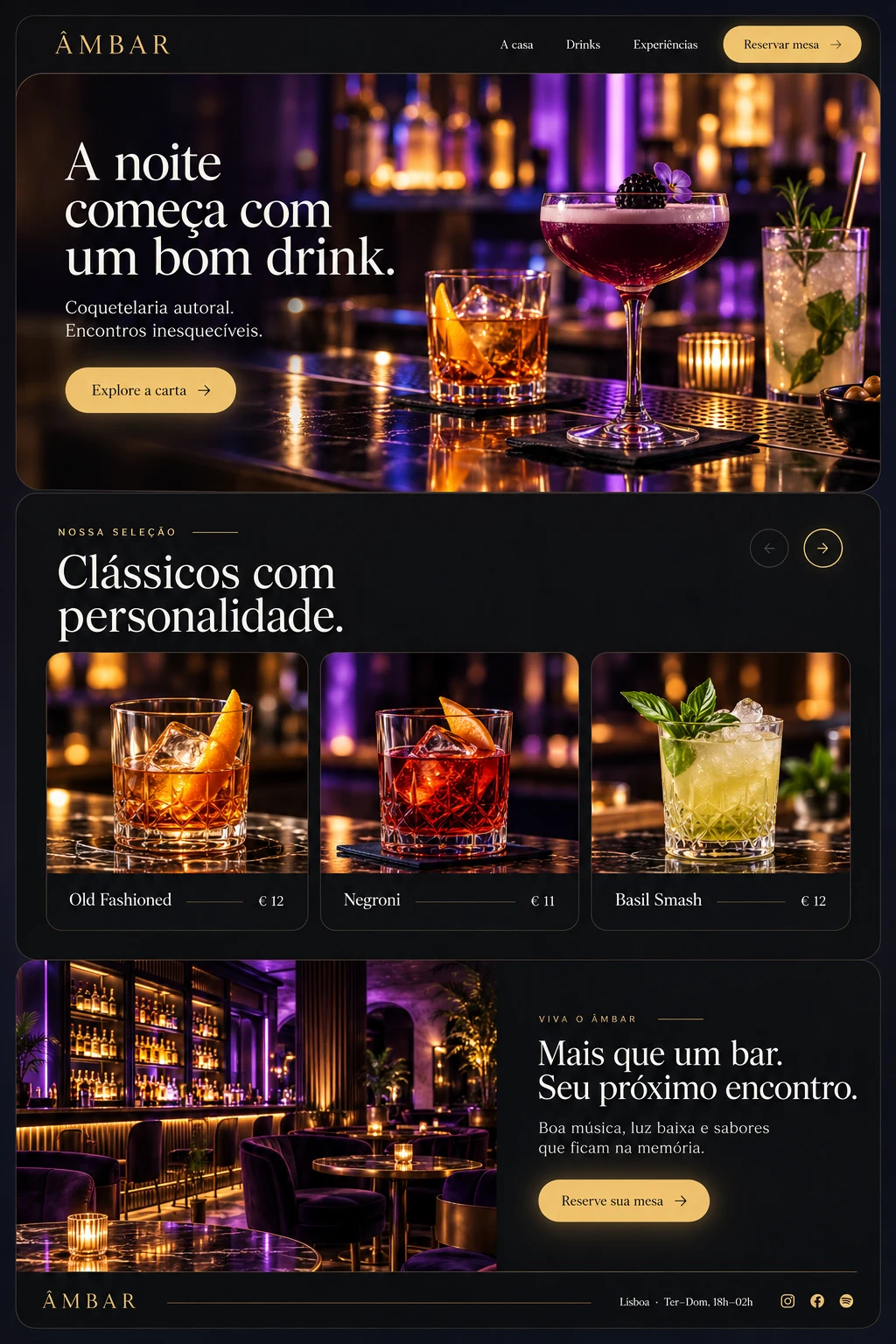 Conceito de website Âmbar, com composição editorial